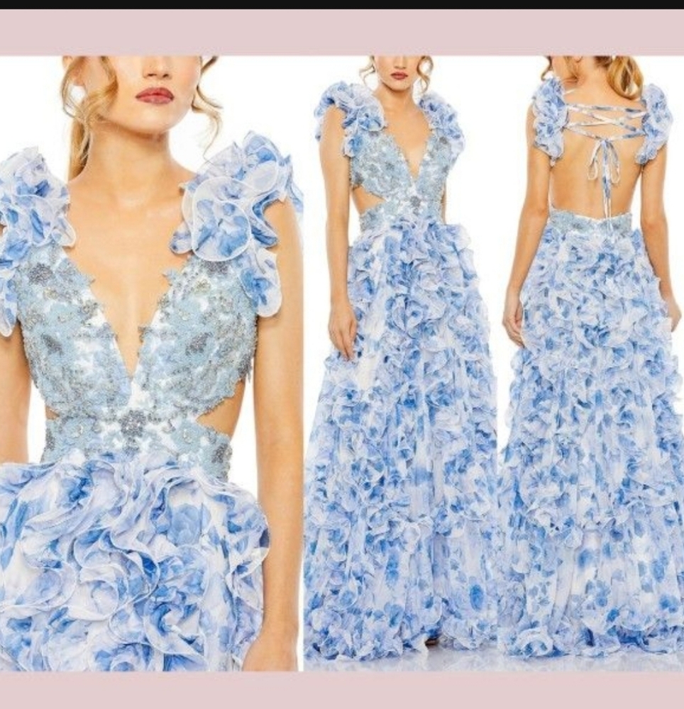Mac Duggal Blue Ruffle Tiered Cap Sleeve Gown